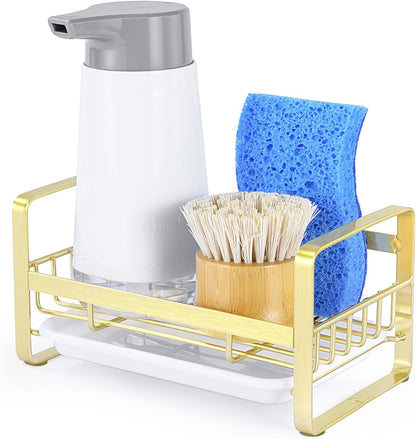 Kitchen Sink Sponge Holder, 304 Stainless Steel Kitchen Soap Dispenser Caddy Organizer, Countertop Soap Dish Rack Drainer with Removable Drain Tray, not Including Dispenser and Brush
