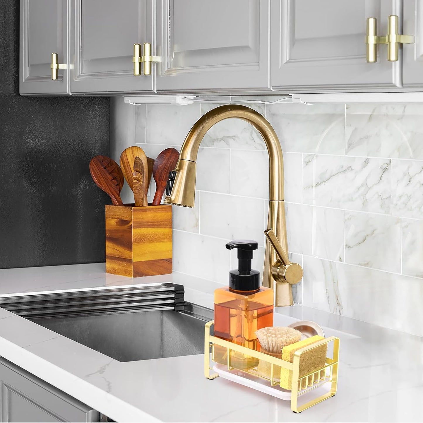 Kitchen Sink Sponge Holder, 304 Stainless Steel Kitchen Soap Dispenser Caddy Organizer, Countertop Soap Dish Rack Drainer with Removable Drain Tray, not Including Dispenser and Brush