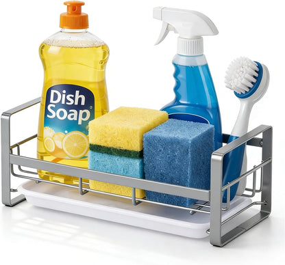 Kitchen Sink Sponge Holder, 304 Stainless Steel Kitchen Soap Dispenser Caddy Organizer, Countertop Soap Dish Rack Drainer with Removable Drain Tray, not Including Dispenser and Brush