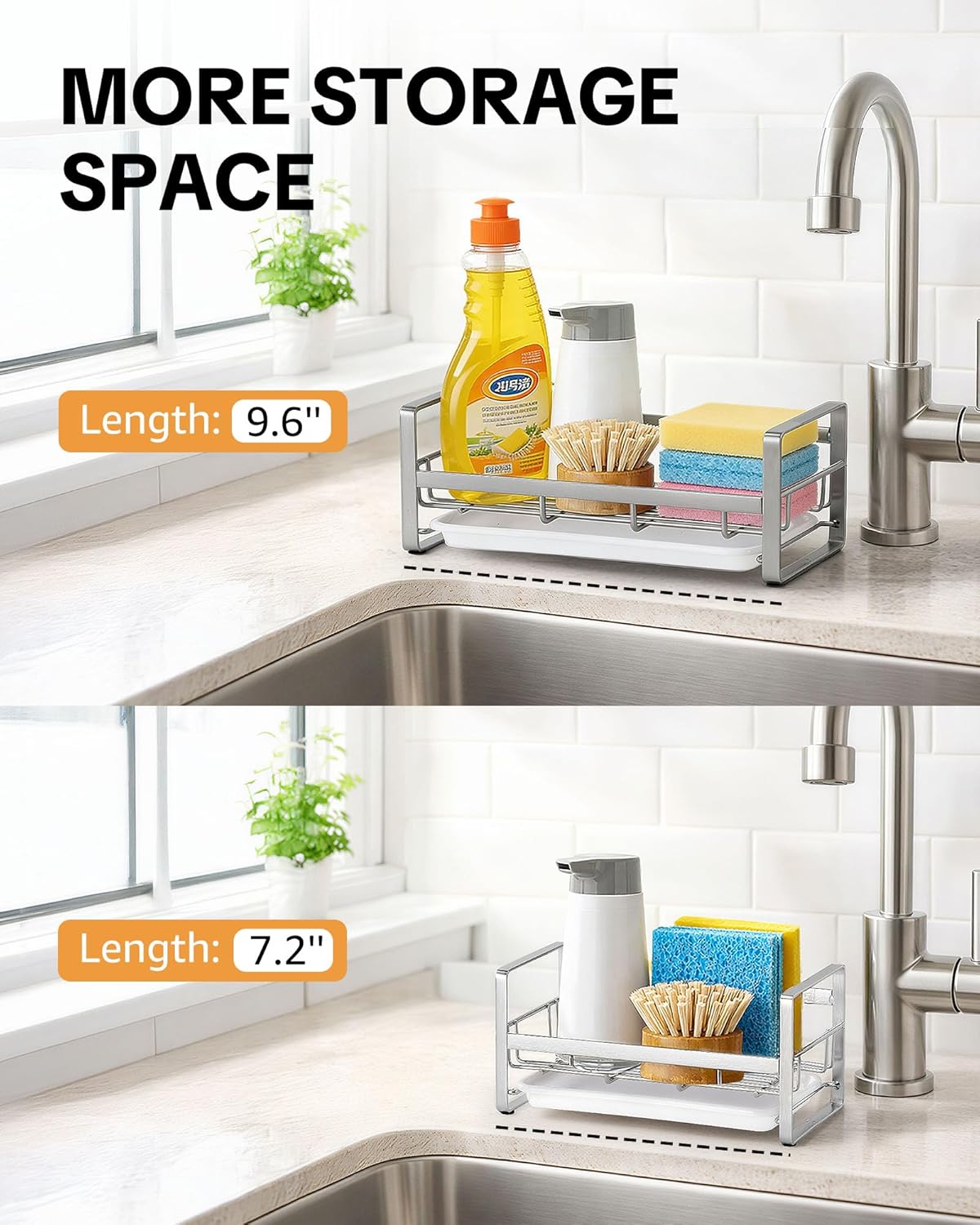 Kitchen Sink Sponge Holder, 304 Stainless Steel Kitchen Soap Dispenser Caddy Organizer, Countertop Soap Dish Rack Drainer with Removable Drain Tray, not Including Dispenser and Brush