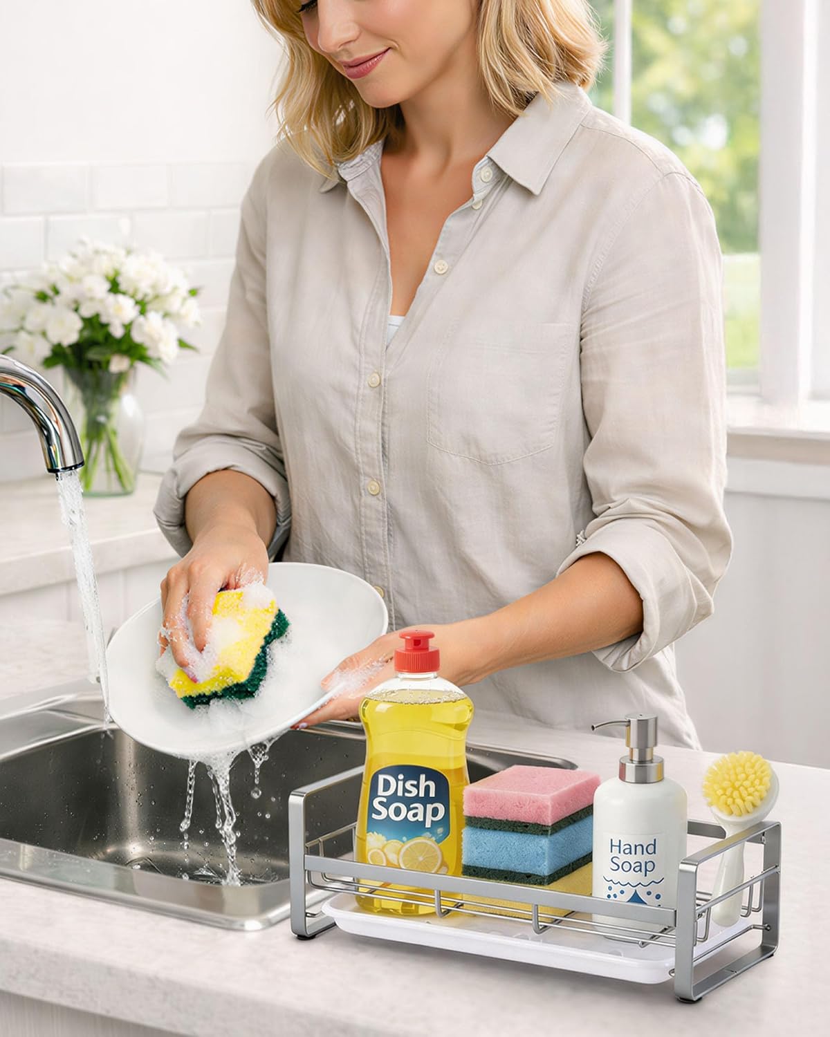 Kitchen Sink Sponge Holder, 304 Stainless Steel Kitchen Soap Dispenser Caddy Organizer, Countertop Soap Dish Rack Drainer with Removable Drain Tray, not Including Dispenser and Brush