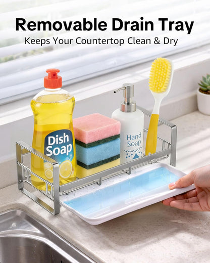 Kitchen Sink Sponge Holder, 304 Stainless Steel Kitchen Soap Dispenser Caddy Organizer, Countertop Soap Dish Rack Drainer with Removable Drain Tray, not Including Dispenser and Brush