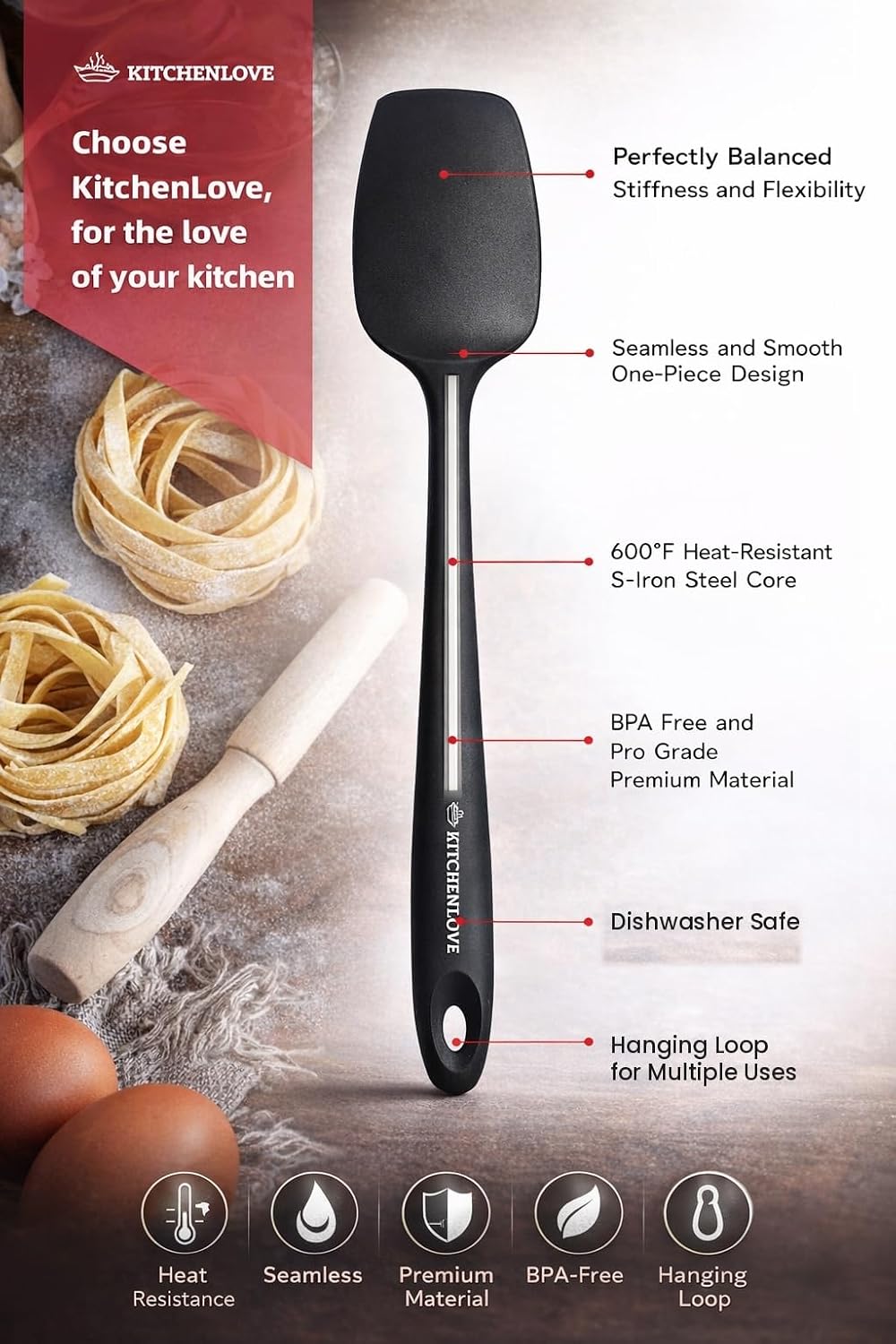 Premium 600°F Heat Resistant 5 Piece Silicone Spatula Set for Baking, Cooking, Mixing - Non-Stick with High Grade S-Iron Steel Core - One Piece Seamless Design - BPA Free (Black)