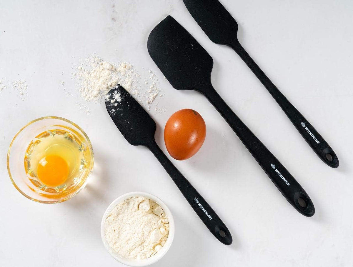 Premium 600°F Heat Resistant 5 Piece Silicone Spatula Set for Baking, Cooking, Mixing - Non-Stick with High Grade S-Iron Steel Core - One Piece Seamless Design - BPA Free (Black)