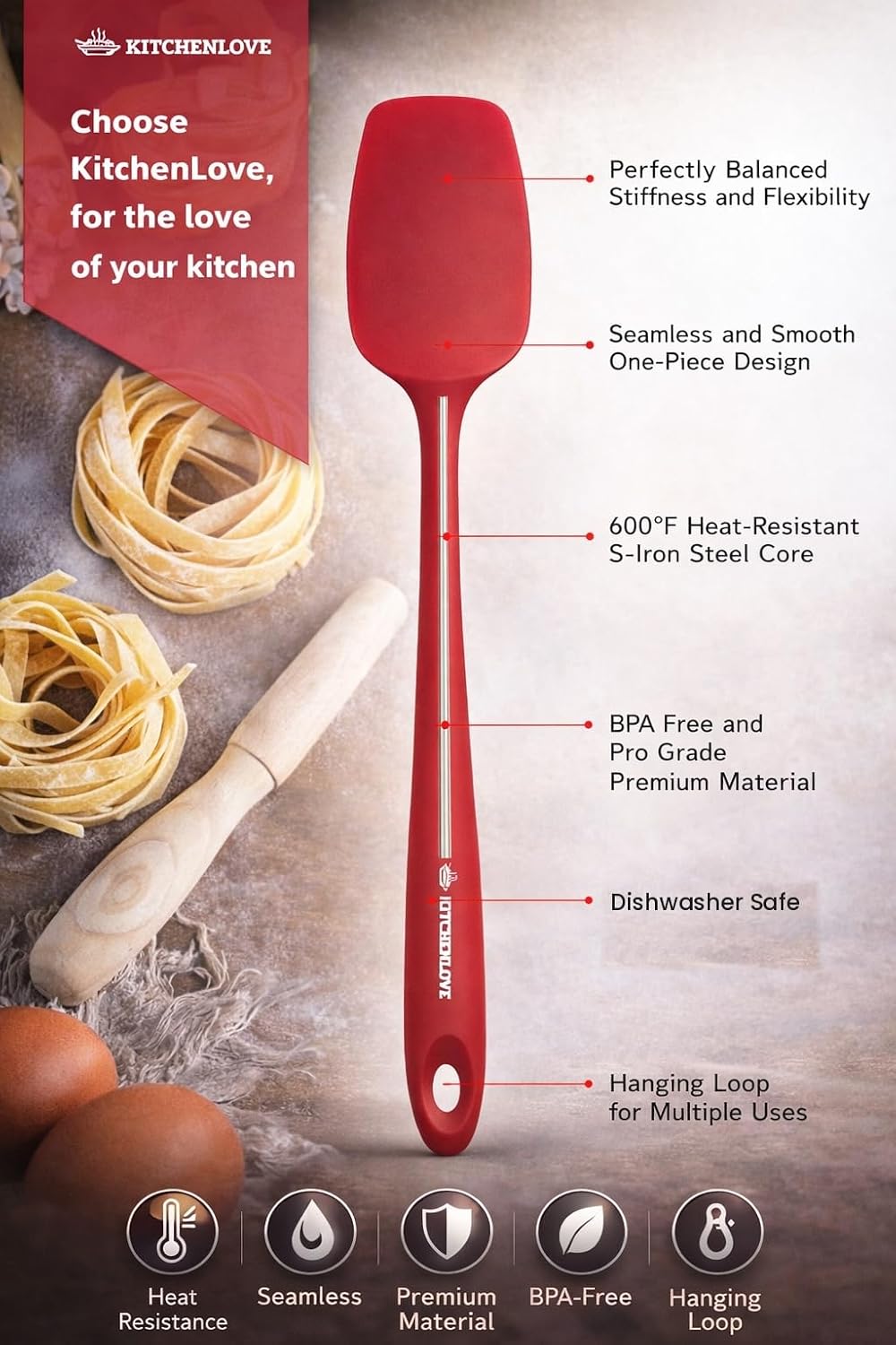 Premium 600°F Heat Resistant 5 Piece Silicone Spatula Set for Baking, Cooking, Mixing - Non-Stick with High Grade S-Iron Steel Core - One Piece Seamless Design - BPA Free (Black)