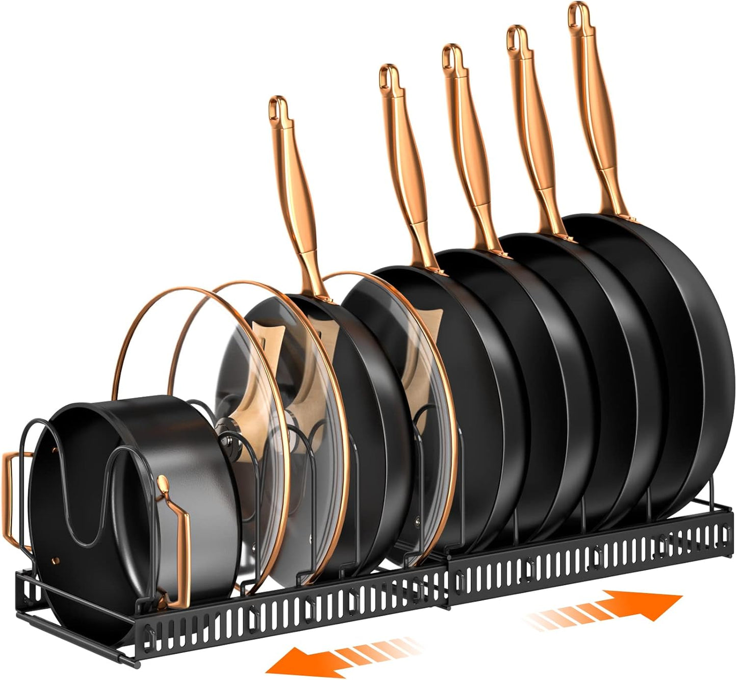 Expandable Pot Pan Lid Organizers inside Cabinet, 10 Divider-Black | Expandable 11.8–22.9", 10 Adjustable Divider, Tool-Free Assembly, Non-Slip, Scratch-Proof, For Pan Lid Cutting Board Bakeware
