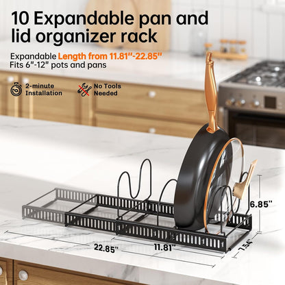 Expandable Pot Pan Lid Organizers inside Cabinet, 10 Divider-Black | Expandable 11.8–22.9", 10 Adjustable Divider, Tool-Free Assembly, Non-Slip, Scratch-Proof, For Pan Lid Cutting Board Bakeware