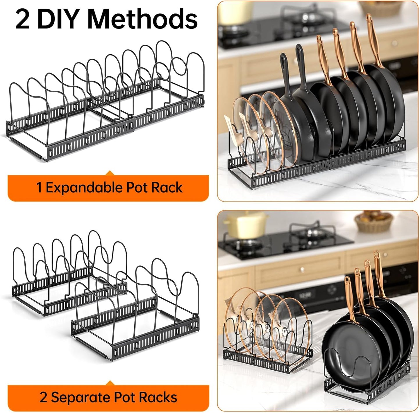 Expandable Pot Pan Lid Organizers inside Cabinet, 10 Divider-Black | Expandable 11.8–22.9", 10 Adjustable Divider, Tool-Free Assembly, Non-Slip, Scratch-Proof, For Pan Lid Cutting Board Bakeware