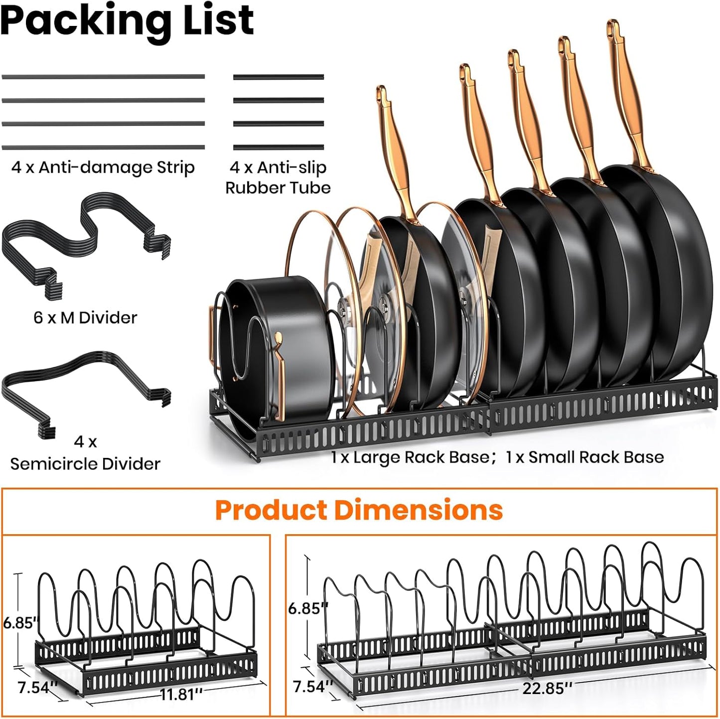 Expandable Pot Pan Lid Organizers inside Cabinet, 10 Divider-Black | Expandable 11.8–22.9", 10 Adjustable Divider, Tool-Free Assembly, Non-Slip, Scratch-Proof, For Pan Lid Cutting Board Bakeware