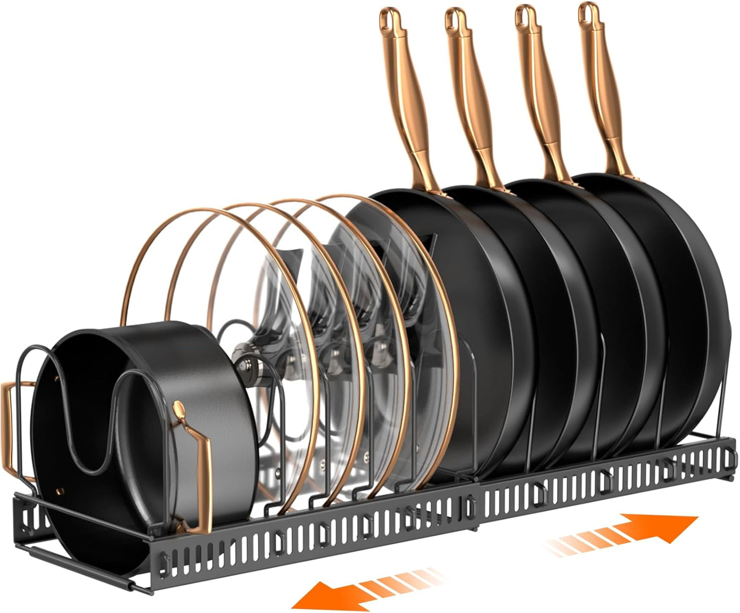 Expandable Pot Pan Lid Organizers inside Cabinet, 10 Divider-Black | Expandable 11.8–22.9", 10 Adjustable Divider, Tool-Free Assembly, Non-Slip, Scratch-Proof, For Pan Lid Cutting Board Bakeware