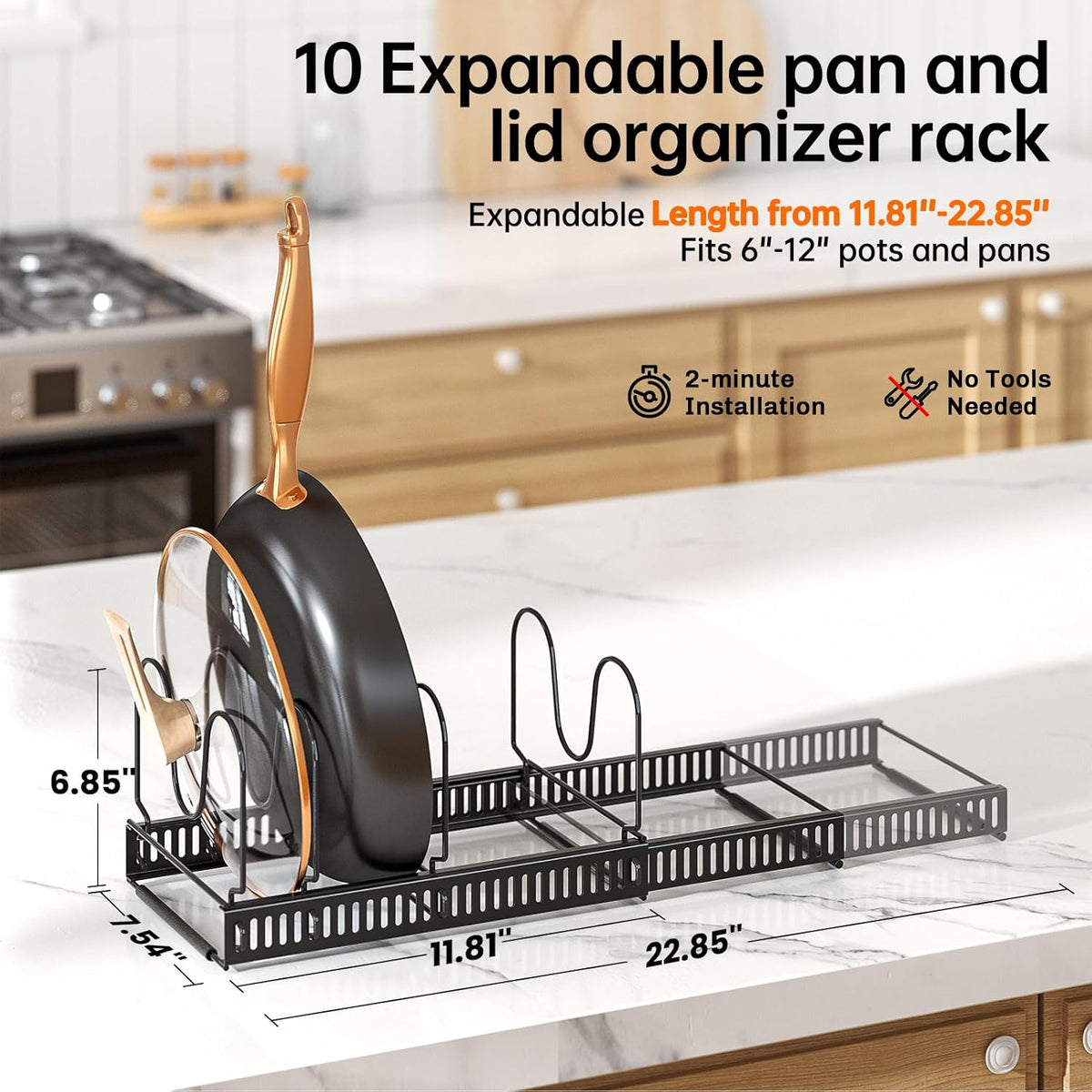 Expandable Pot Pan Lid Organizers inside Cabinet, 10 Divider-Black | Expandable 11.8–22.9", 10 Adjustable Divider, Tool-Free Assembly, Non-Slip, Scratch-Proof, For Pan Lid Cutting Board Bakeware