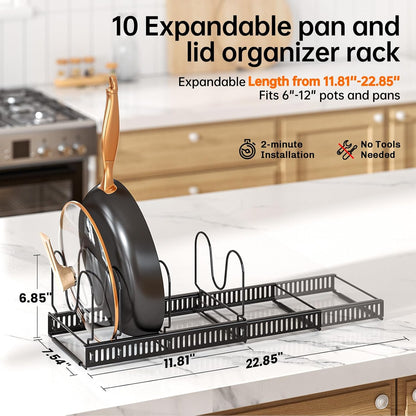 Expandable Pot Pan Lid Organizers inside Cabinet, 10 Divider-Black | Expandable 11.8–22.9", 10 Adjustable Divider, Tool-Free Assembly, Non-Slip, Scratch-Proof, For Pan Lid Cutting Board Bakeware