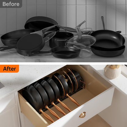 Expandable Pot Pan Lid Organizers inside Cabinet, 10 Divider-Black | Expandable 11.8–22.9", 10 Adjustable Divider, Tool-Free Assembly, Non-Slip, Scratch-Proof, For Pan Lid Cutting Board Bakeware