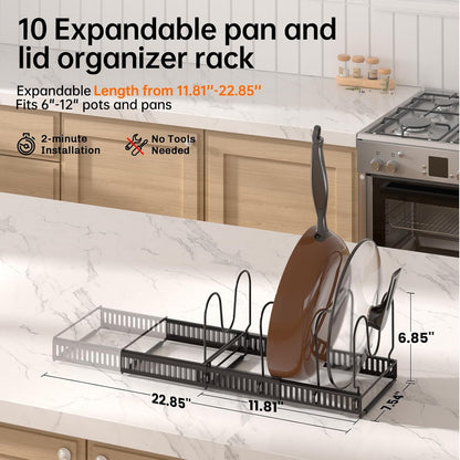 Expandable Pot Pan Lid Organizers inside Cabinet, 10 Divider-Black | Expandable 11.8–22.9", 10 Adjustable Divider, Tool-Free Assembly, Non-Slip, Scratch-Proof, For Pan Lid Cutting Board Bakeware