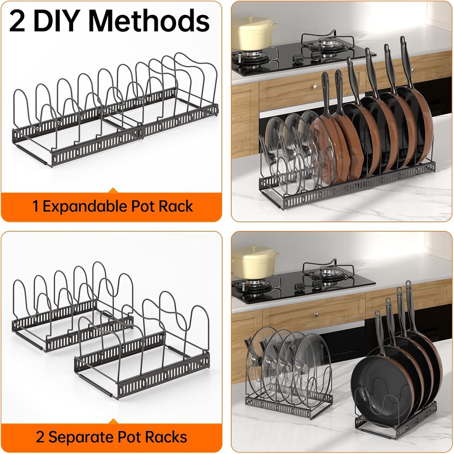 Expandable Pot Pan Lid Organizers inside Cabinet, 10 Divider-Black | Expandable 11.8–22.9", 10 Adjustable Divider, Tool-Free Assembly, Non-Slip, Scratch-Proof, For Pan Lid Cutting Board Bakeware