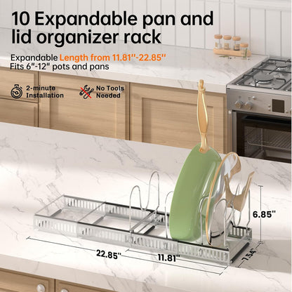 Expandable Pot Pan Lid Organizers inside Cabinet, 10 Divider-Black | Expandable 11.8–22.9", 10 Adjustable Divider, Tool-Free Assembly, Non-Slip, Scratch-Proof, For Pan Lid Cutting Board Bakeware