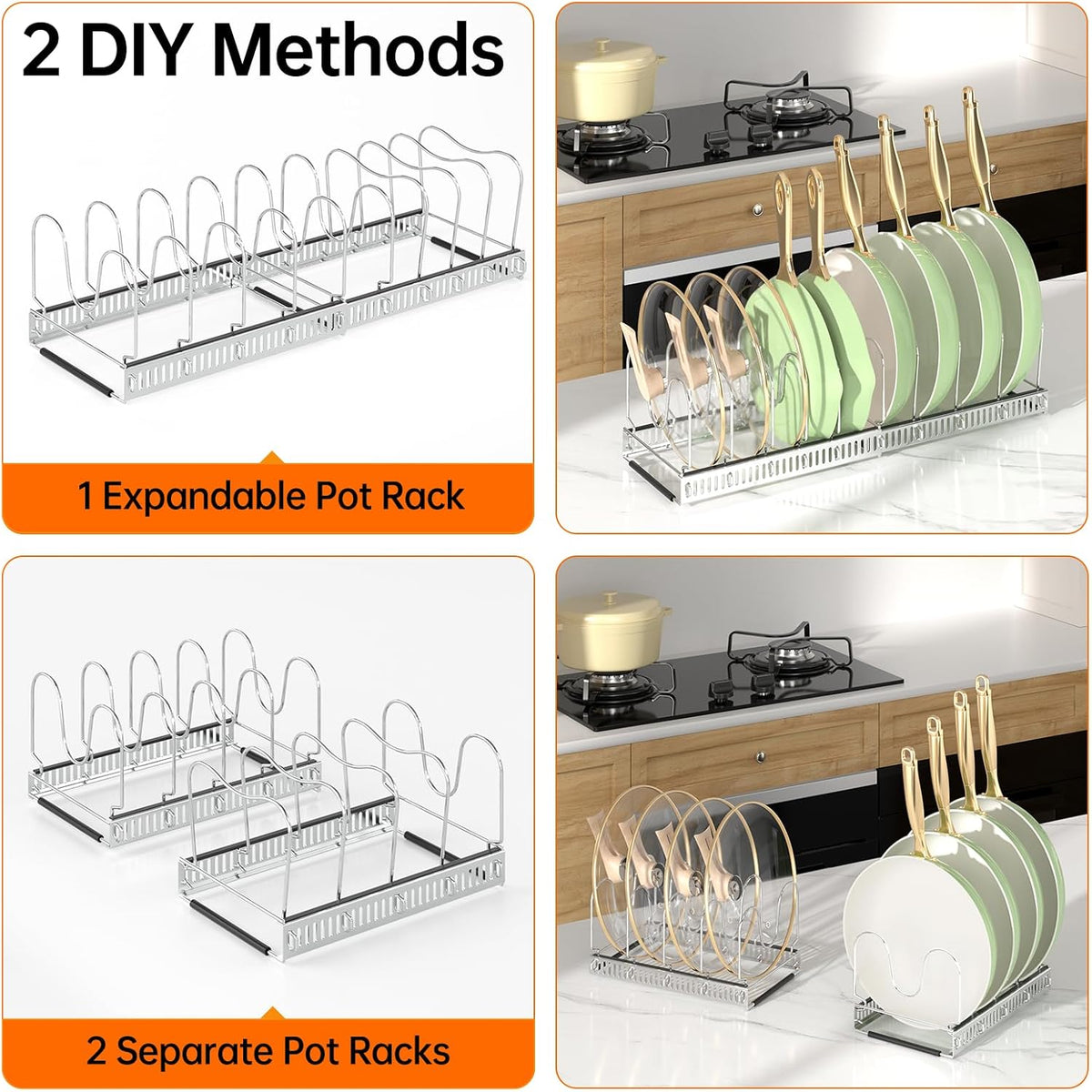 Expandable Pot Pan Lid Organizers inside Cabinet, 10 Divider-Black | Expandable 11.8–22.9", 10 Adjustable Divider, Tool-Free Assembly, Non-Slip, Scratch-Proof, For Pan Lid Cutting Board Bakeware