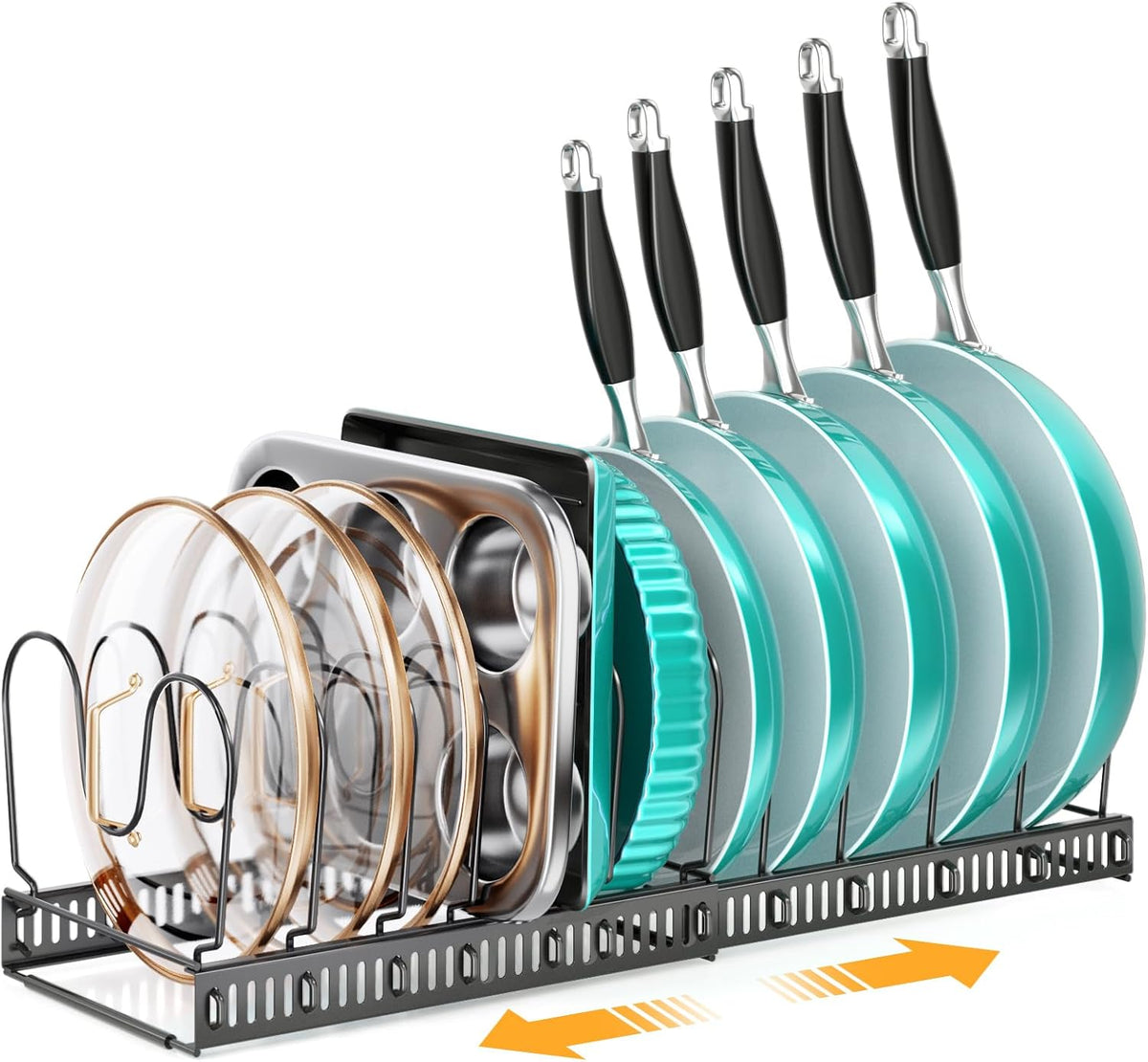 Expandable Pot Pan Lid Organizers inside Cabinet, 10 Divider-Black | Expandable 11.8–22.9", 10 Adjustable Divider, Tool-Free Assembly, Non-Slip, Scratch-Proof, For Pan Lid Cutting Board Bakeware