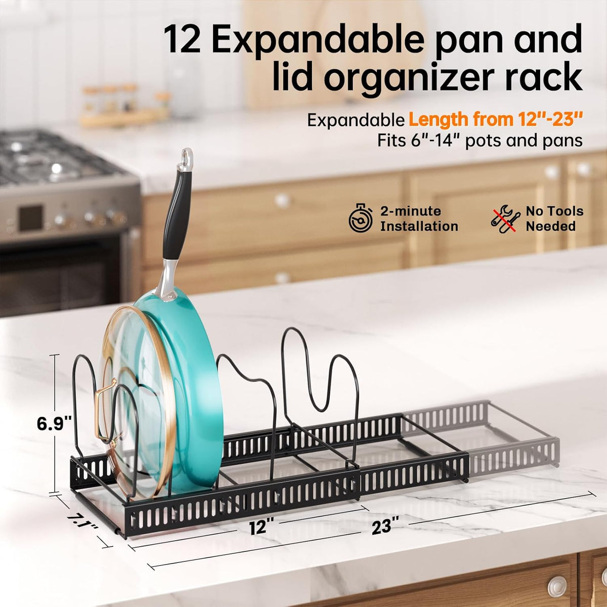 Expandable Pot Pan Lid Organizers inside Cabinet, 10 Divider-Black | Expandable 11.8–22.9", 10 Adjustable Divider, Tool-Free Assembly, Non-Slip, Scratch-Proof, For Pan Lid Cutting Board Bakeware