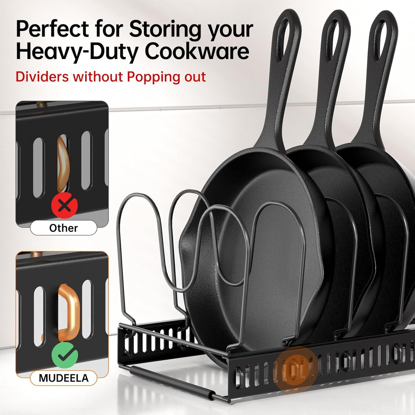 Expandable Pot Pan Lid Organizers inside Cabinet, 10 Divider-Black | Expandable 11.8–22.9", 10 Adjustable Divider, Tool-Free Assembly, Non-Slip, Scratch-Proof, For Pan Lid Cutting Board Bakeware