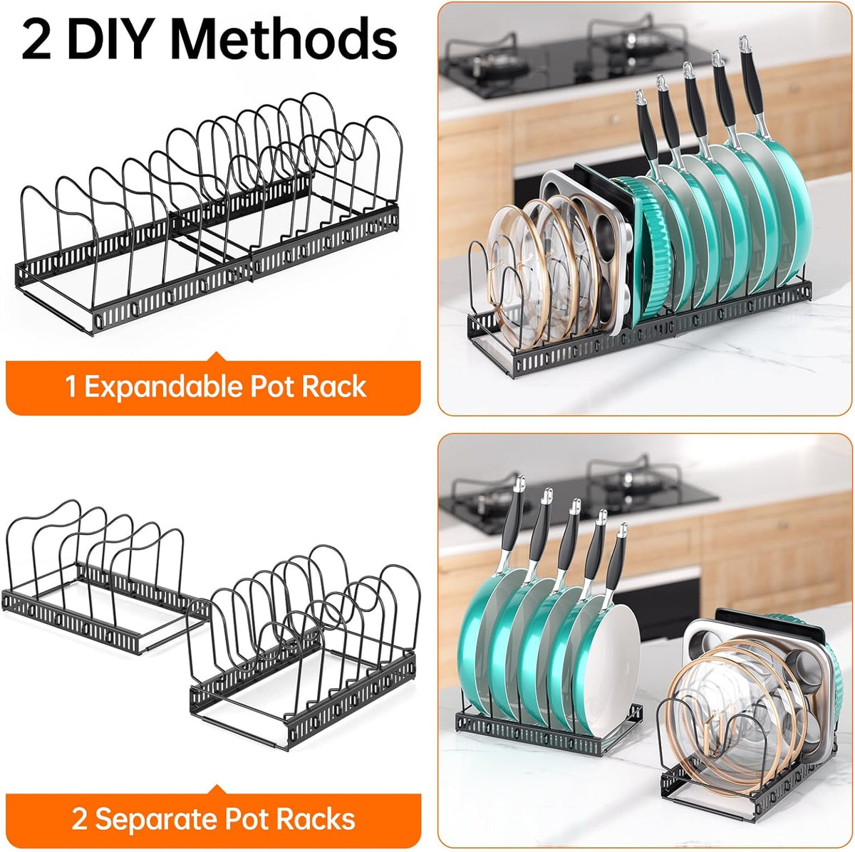 Expandable Pot Pan Lid Organizers inside Cabinet, 10 Divider-Black | Expandable 11.8–22.9", 10 Adjustable Divider, Tool-Free Assembly, Non-Slip, Scratch-Proof, For Pan Lid Cutting Board Bakeware