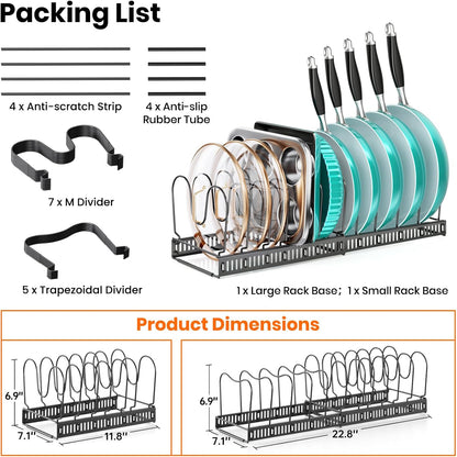 Expandable Pot Pan Lid Organizers inside Cabinet, 10 Divider-Black | Expandable 11.8–22.9", 10 Adjustable Divider, Tool-Free Assembly, Non-Slip, Scratch-Proof, For Pan Lid Cutting Board Bakeware