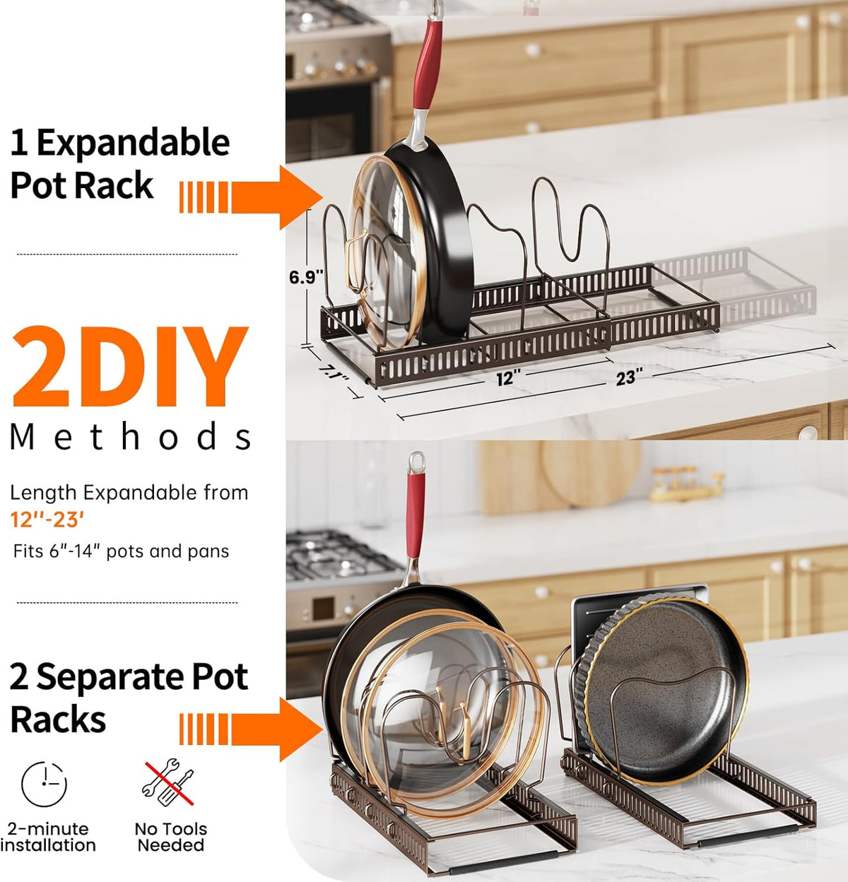 Expandable Pot Pan Lid Organizers inside Cabinet, 10 Divider-Black | Expandable 11.8–22.9", 10 Adjustable Divider, Tool-Free Assembly, Non-Slip, Scratch-Proof, For Pan Lid Cutting Board Bakeware