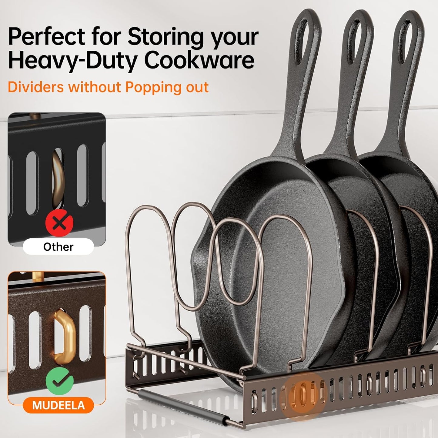 Expandable Pot Pan Lid Organizers inside Cabinet, 10 Divider-Black | Expandable 11.8–22.9", 10 Adjustable Divider, Tool-Free Assembly, Non-Slip, Scratch-Proof, For Pan Lid Cutting Board Bakeware