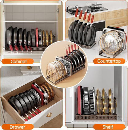 Expandable Pot Pan Lid Organizers inside Cabinet, 10 Divider-Black | Expandable 11.8–22.9", 10 Adjustable Divider, Tool-Free Assembly, Non-Slip, Scratch-Proof, For Pan Lid Cutting Board Bakeware