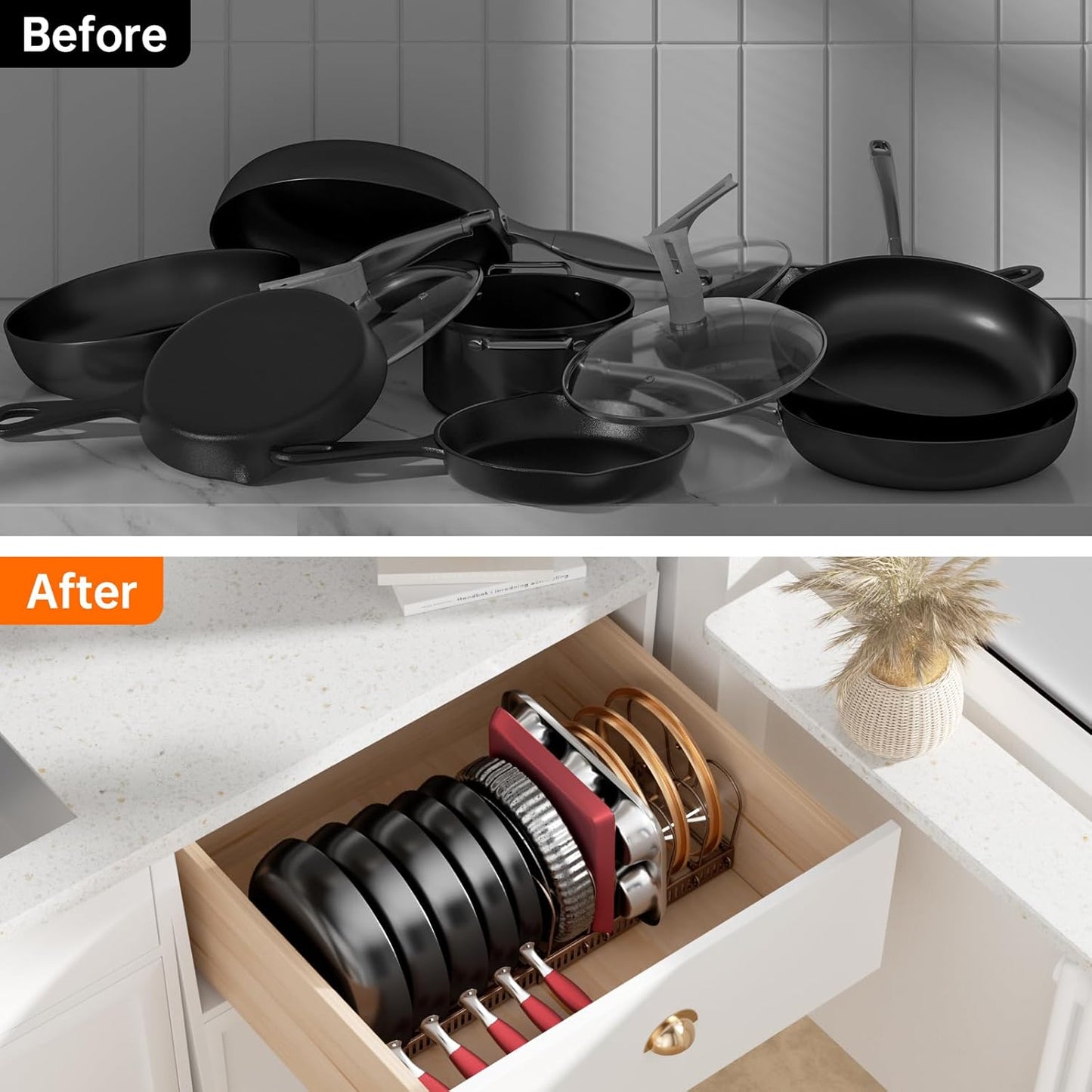 Expandable Pot Pan Lid Organizers inside Cabinet, 10 Divider-Black | Expandable 11.8–22.9", 10 Adjustable Divider, Tool-Free Assembly, Non-Slip, Scratch-Proof, For Pan Lid Cutting Board Bakeware