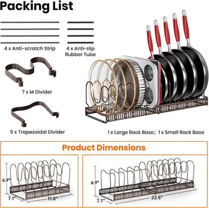 Expandable Pot Pan Lid Organizers inside Cabinet, 10 Divider-Black | Expandable 11.8–22.9", 10 Adjustable Divider, Tool-Free Assembly, Non-Slip, Scratch-Proof, For Pan Lid Cutting Board Bakeware