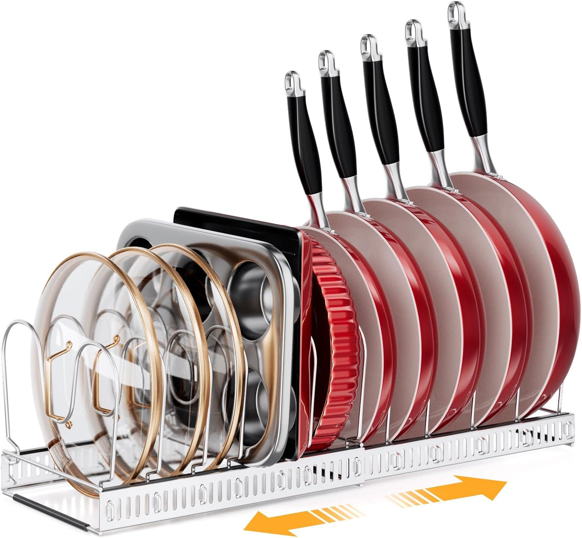 Expandable Pot Pan Lid Organizers inside Cabinet, 10 Divider-Black | Expandable 11.8–22.9", 10 Adjustable Divider, Tool-Free Assembly, Non-Slip, Scratch-Proof, For Pan Lid Cutting Board Bakeware