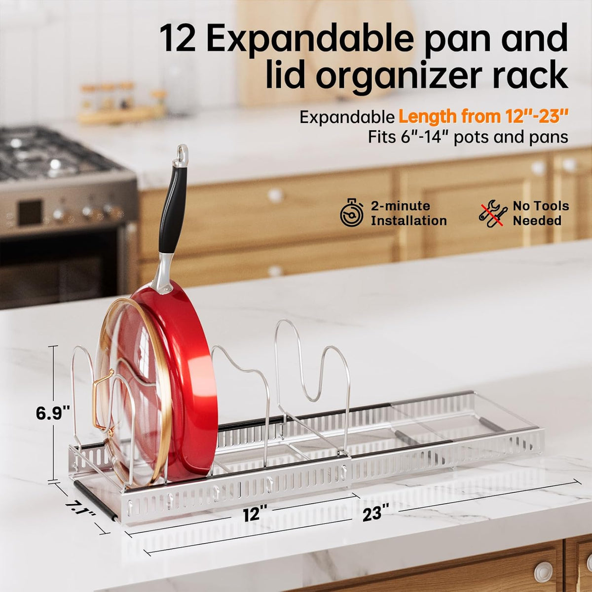 Expandable Pot Pan Lid Organizers inside Cabinet, 10 Divider-Black | Expandable 11.8–22.9", 10 Adjustable Divider, Tool-Free Assembly, Non-Slip, Scratch-Proof, For Pan Lid Cutting Board Bakeware