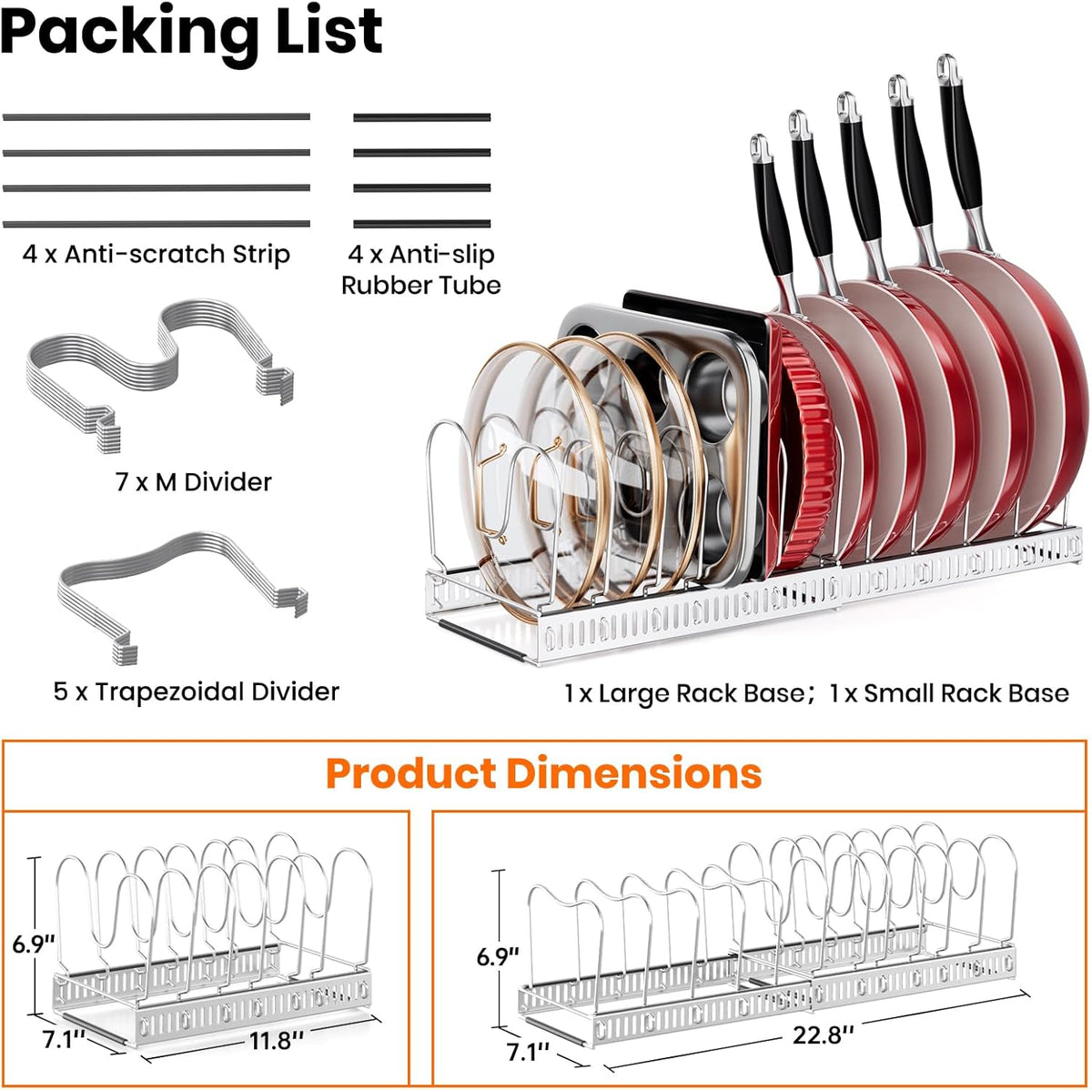 Expandable Pot Pan Lid Organizers inside Cabinet, 10 Divider-Black | Expandable 11.8–22.9", 10 Adjustable Divider, Tool-Free Assembly, Non-Slip, Scratch-Proof, For Pan Lid Cutting Board Bakeware