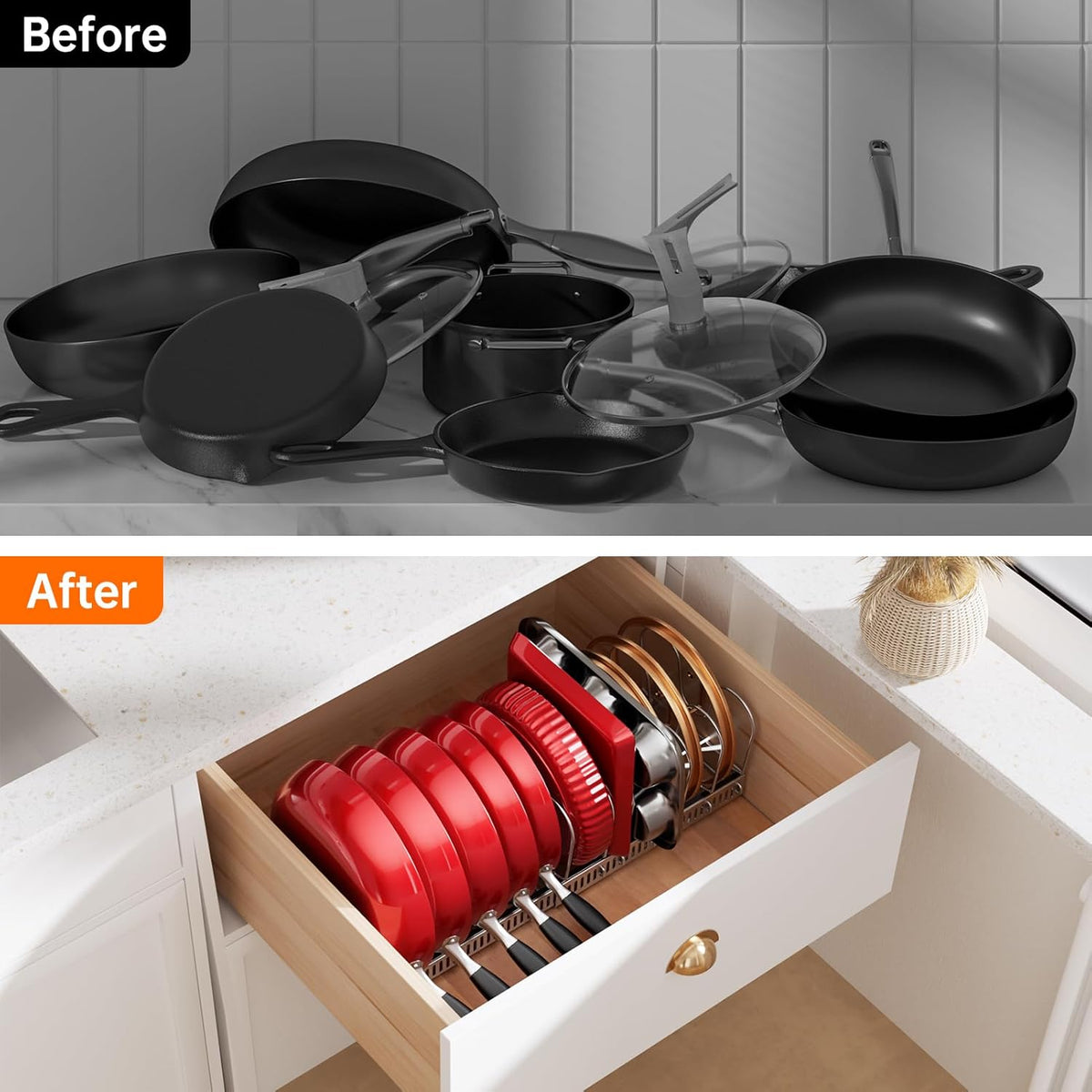 Expandable Pot Pan Lid Organizers inside Cabinet, 10 Divider-Black | Expandable 11.8–22.9", 10 Adjustable Divider, Tool-Free Assembly, Non-Slip, Scratch-Proof, For Pan Lid Cutting Board Bakeware