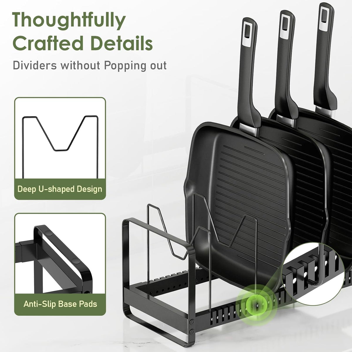 Expandable Pot Pan Lid Organizers inside Cabinet, 10 Divider-Black | Expandable 11.8–22.9", 10 Adjustable Divider, Tool-Free Assembly, Non-Slip, Scratch-Proof, For Pan Lid Cutting Board Bakeware
