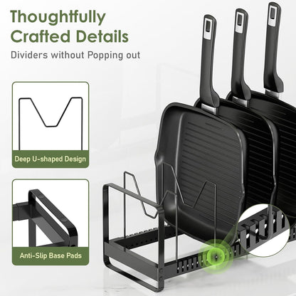 Expandable Pot Pan Lid Organizers inside Cabinet, 10 Divider-Black | Expandable 11.8–22.9", 10 Adjustable Divider, Tool-Free Assembly, Non-Slip, Scratch-Proof, For Pan Lid Cutting Board Bakeware