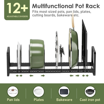 Expandable Pot Pan Lid Organizers inside Cabinet, 10 Divider-Black | Expandable 11.8–22.9", 10 Adjustable Divider, Tool-Free Assembly, Non-Slip, Scratch-Proof, For Pan Lid Cutting Board Bakeware