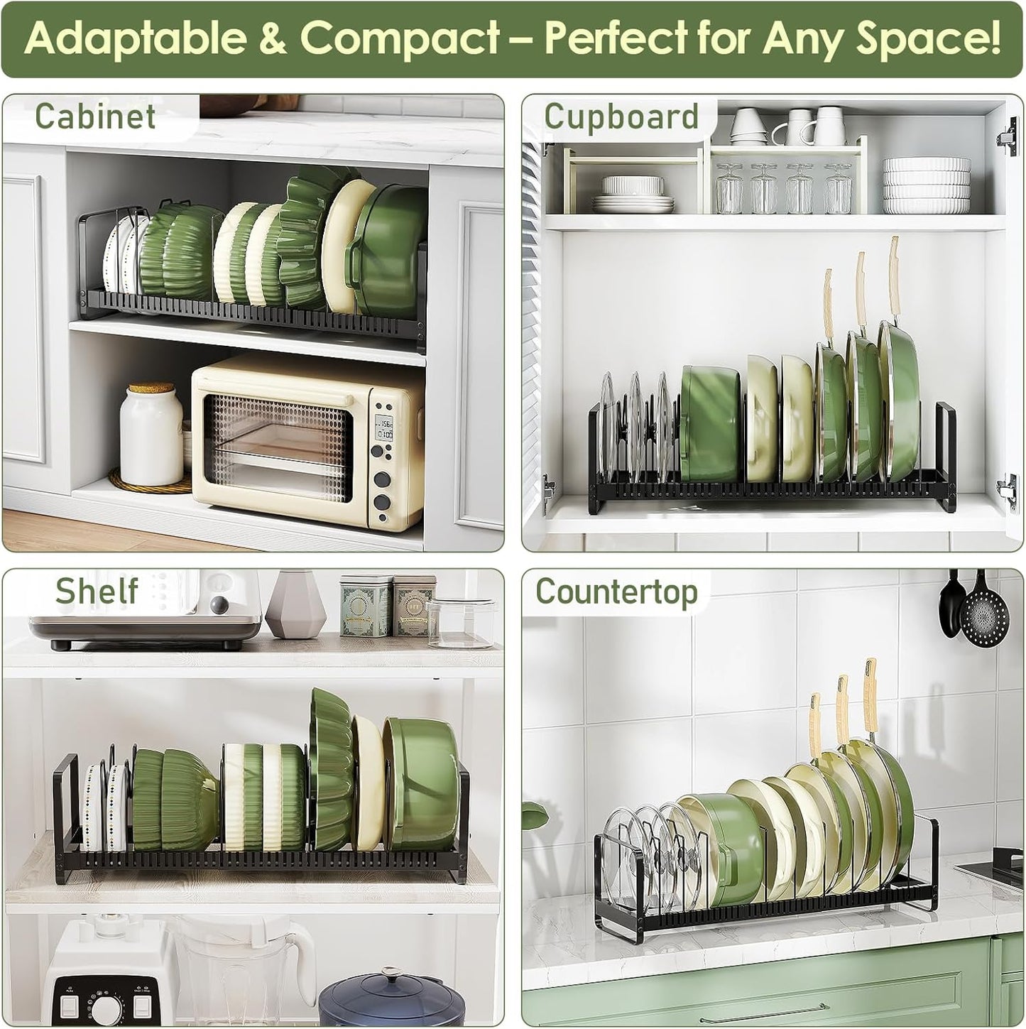 Expandable Pot Pan Lid Organizers inside Cabinet, 10 Divider-Black | Expandable 11.8–22.9", 10 Adjustable Divider, Tool-Free Assembly, Non-Slip, Scratch-Proof, For Pan Lid Cutting Board Bakeware