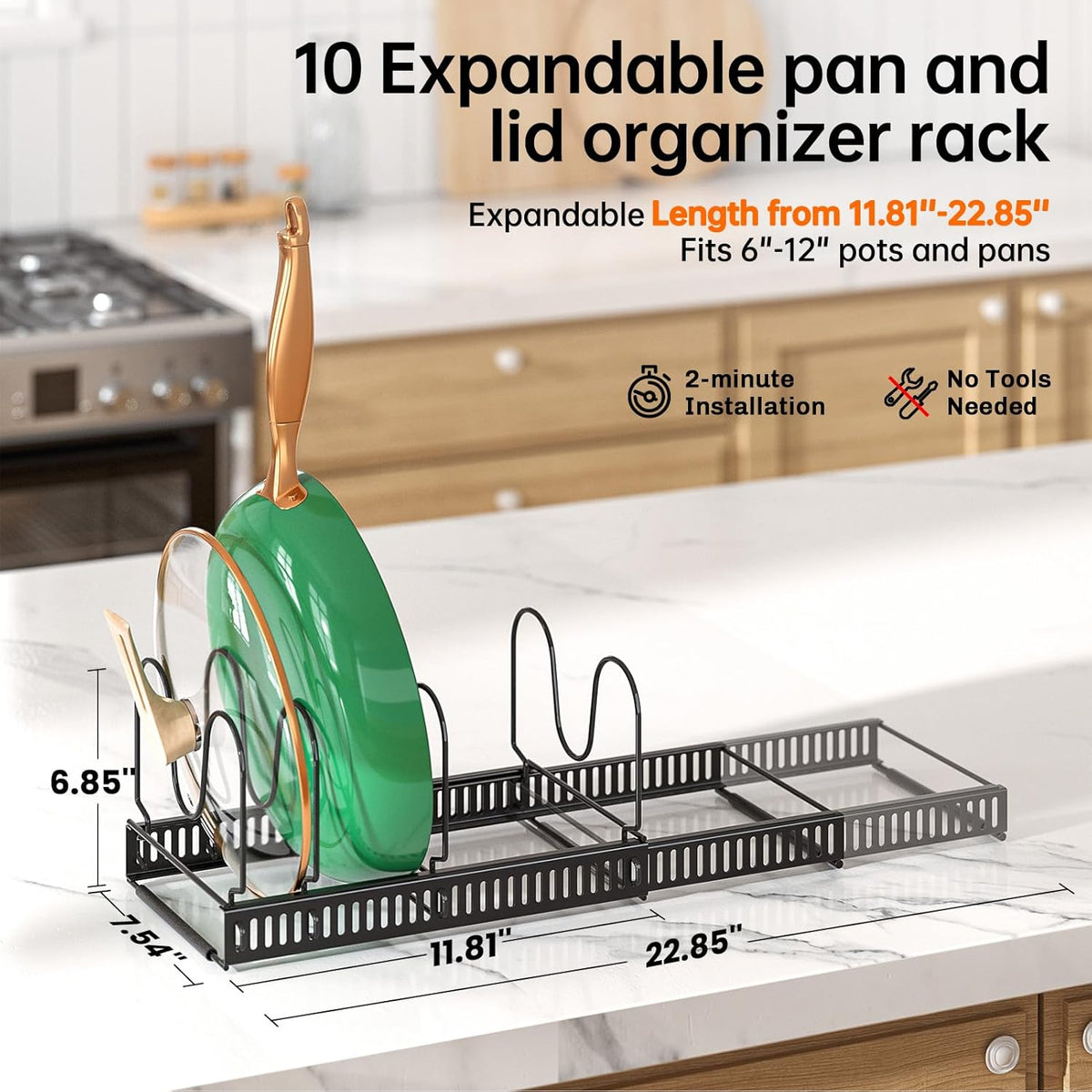 Expandable Pot Pan Lid Organizers inside Cabinet, 10 Divider-Black | Expandable 11.8–22.9", 10 Adjustable Divider, Tool-Free Assembly, Non-Slip, Scratch-Proof, For Pan Lid Cutting Board Bakeware