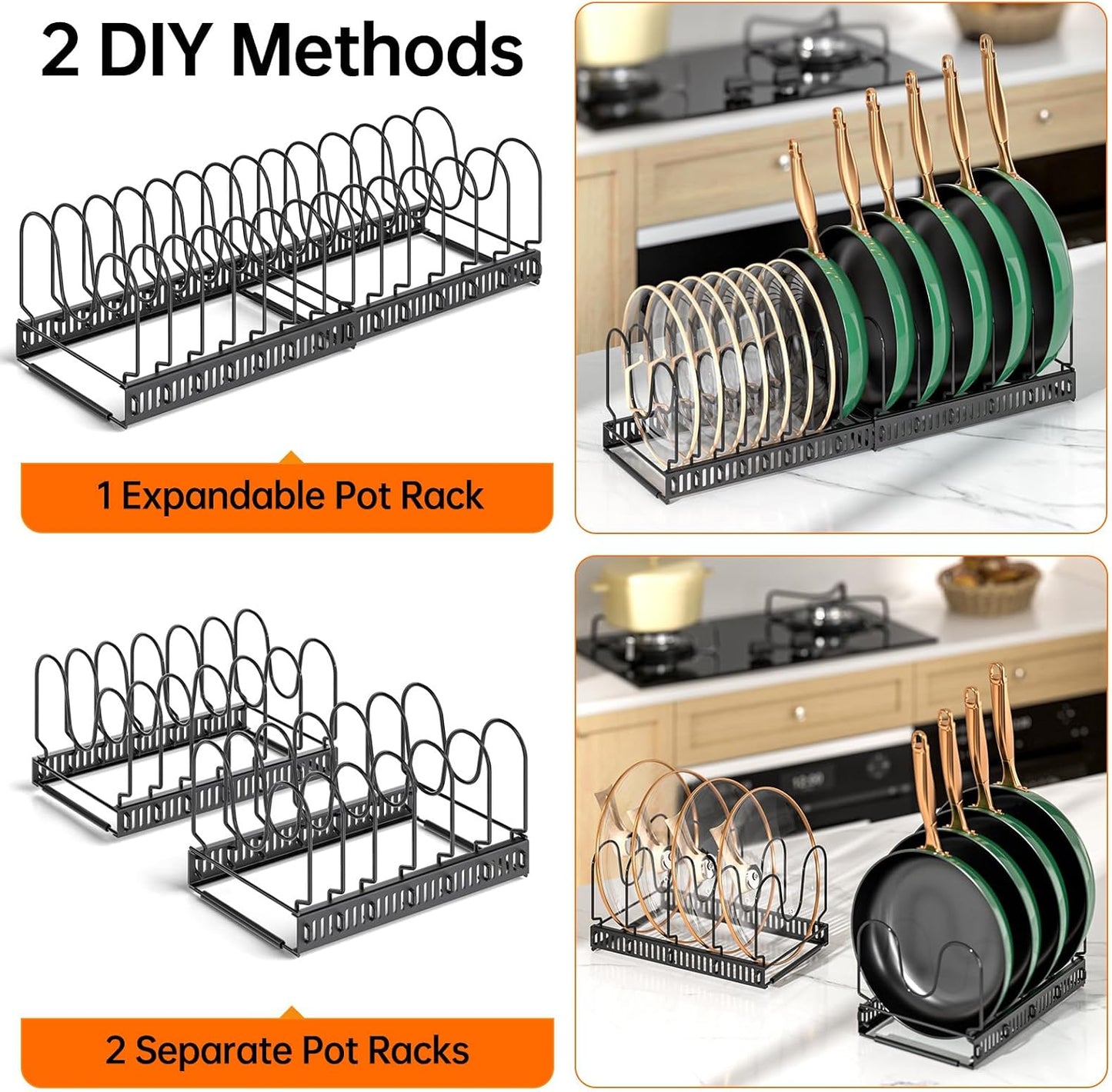 Expandable Pot Pan Lid Organizers inside Cabinet, 10 Divider-Black | Expandable 11.8–22.9", 10 Adjustable Divider, Tool-Free Assembly, Non-Slip, Scratch-Proof, For Pan Lid Cutting Board Bakeware