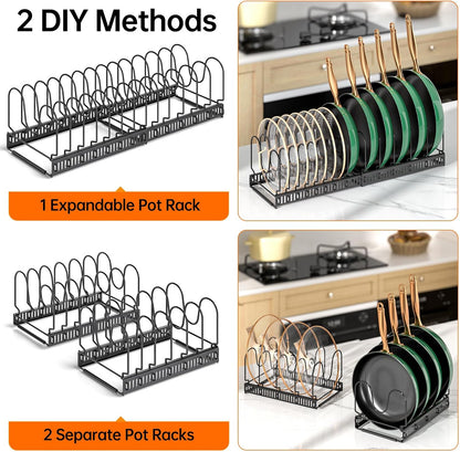 Expandable Pot Pan Lid Organizers inside Cabinet, 10 Divider-Black | Expandable 11.8–22.9", 10 Adjustable Divider, Tool-Free Assembly, Non-Slip, Scratch-Proof, For Pan Lid Cutting Board Bakeware