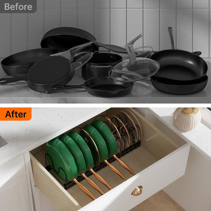 Expandable Pot Pan Lid Organizers inside Cabinet, 10 Divider-Black | Expandable 11.8–22.9", 10 Adjustable Divider, Tool-Free Assembly, Non-Slip, Scratch-Proof, For Pan Lid Cutting Board Bakeware