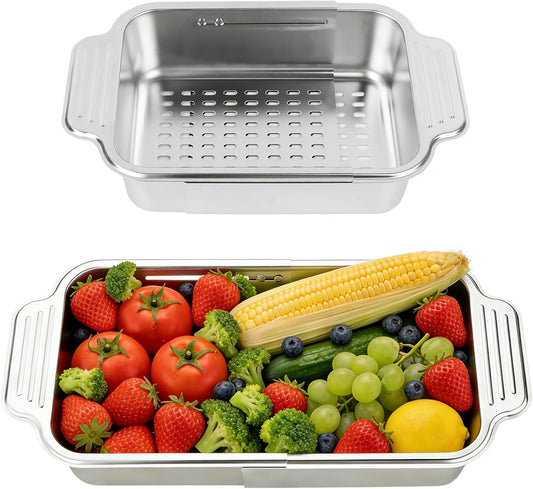 4 In 1 Collapsible Colander Strainer, 304 Stainless Steel Expandable Over the Sink Colander, Foldable Large Colanders Basket to Wash Vegetable and Fruits, Drain Cooked Pasta and Dry Dishes