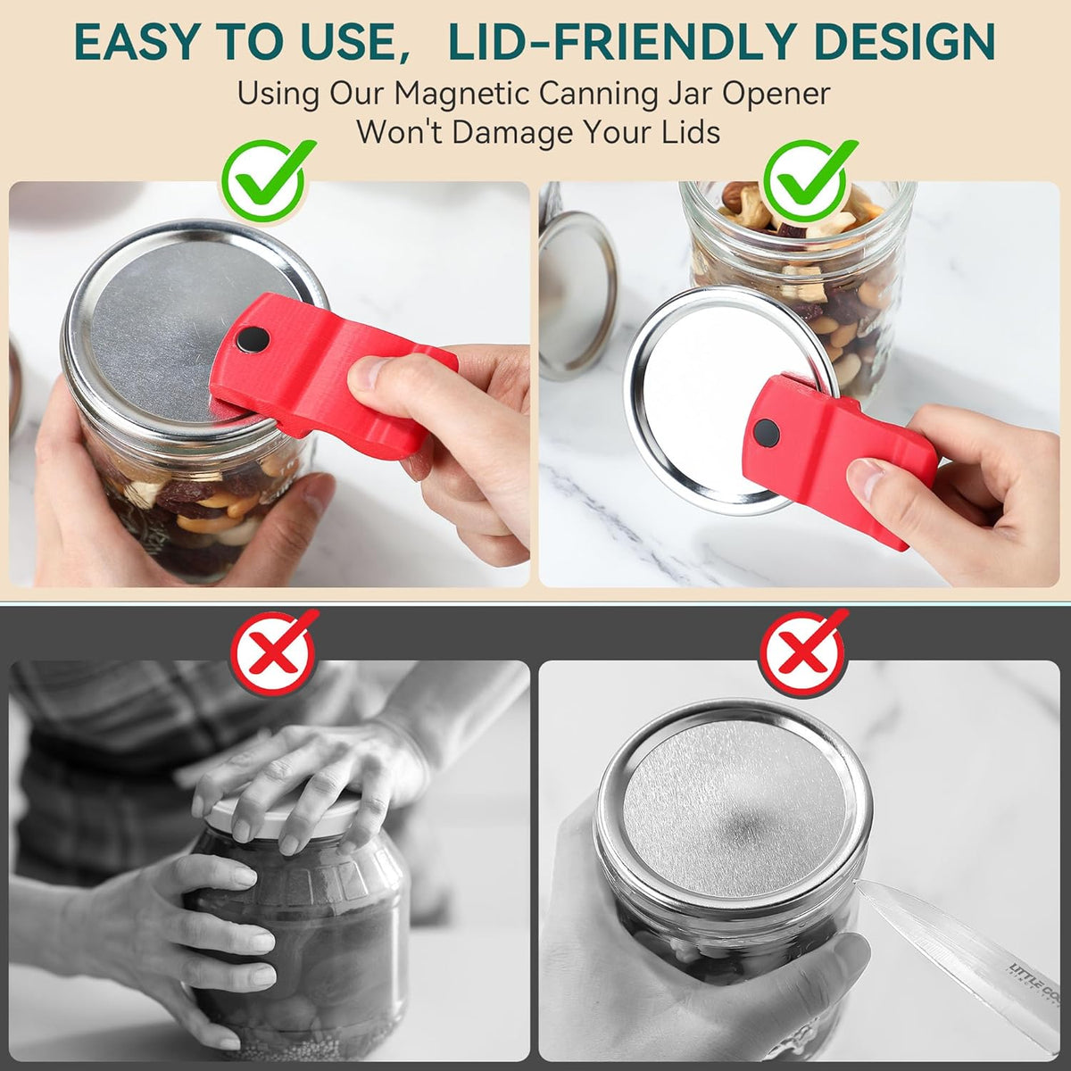 2 Pack Canning Jar Opener with Magnets, Mason Jar Opener For Canning Lids, Regular and Wide Mouth Lids, Powerful Magnet for Easy Refrigerator Storage, Releases Vacuum Seal– Patent Pending(Red)