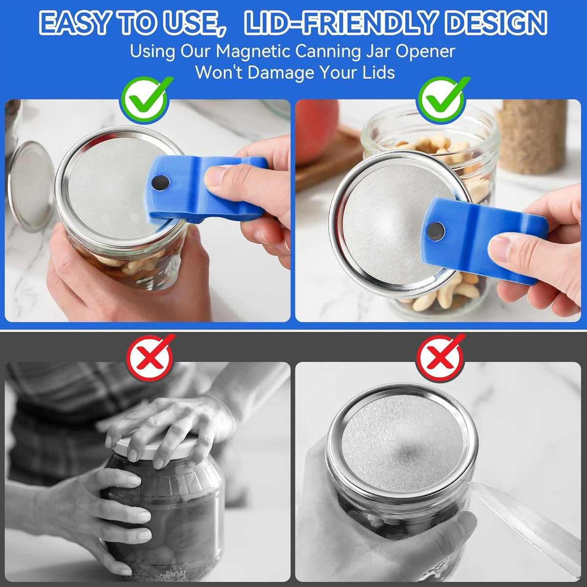 2 Pack Canning Jar Opener with Magnets, Mason Jar Opener For Canning Lids, Regular and Wide Mouth Lids, Powerful Magnet for Easy Refrigerator Storage, Releases Vacuum Seal– Patent Pending(Red)