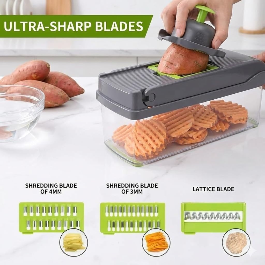 All in One Vegetable Chopper, 16 Blade Slicer for Kitchen, Food Chopper, Vegetable Slicer and Spiralizer, Cutter, Dicer, Grater, Kitchen Gadgets Sets with Container