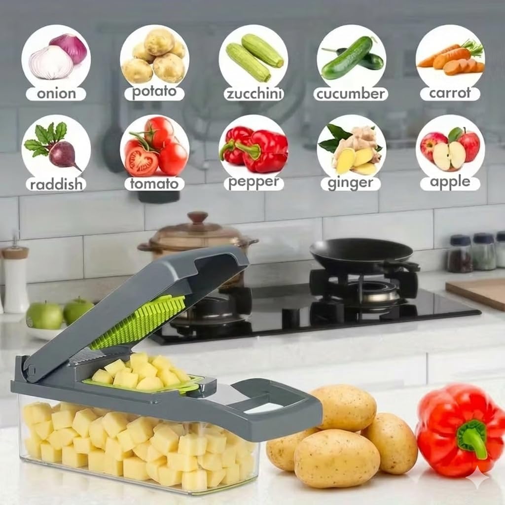 All in One Vegetable Chopper, 16 Blade Slicer for Kitchen, Food Chopper, Vegetable Slicer and Spiralizer, Cutter, Dicer, Grater, Kitchen Gadgets Sets with Container