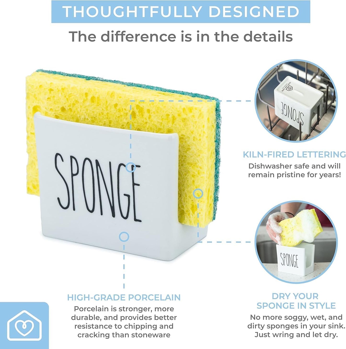 Porcelain Sponge Holder for Kitchen Sink. Compact Sink Caddy Organizer - Scrub Daddy Compatible Dish Sponge Holder. Ceramic Black and White Kitchen Decor and Cute Kitchen Accessories