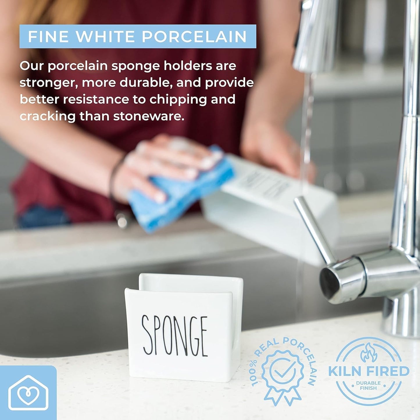 Porcelain Sponge Holder for Kitchen Sink. Compact Sink Caddy Organizer - Scrub Daddy Compatible Dish Sponge Holder. Ceramic Black and White Kitchen Decor and Cute Kitchen Accessories